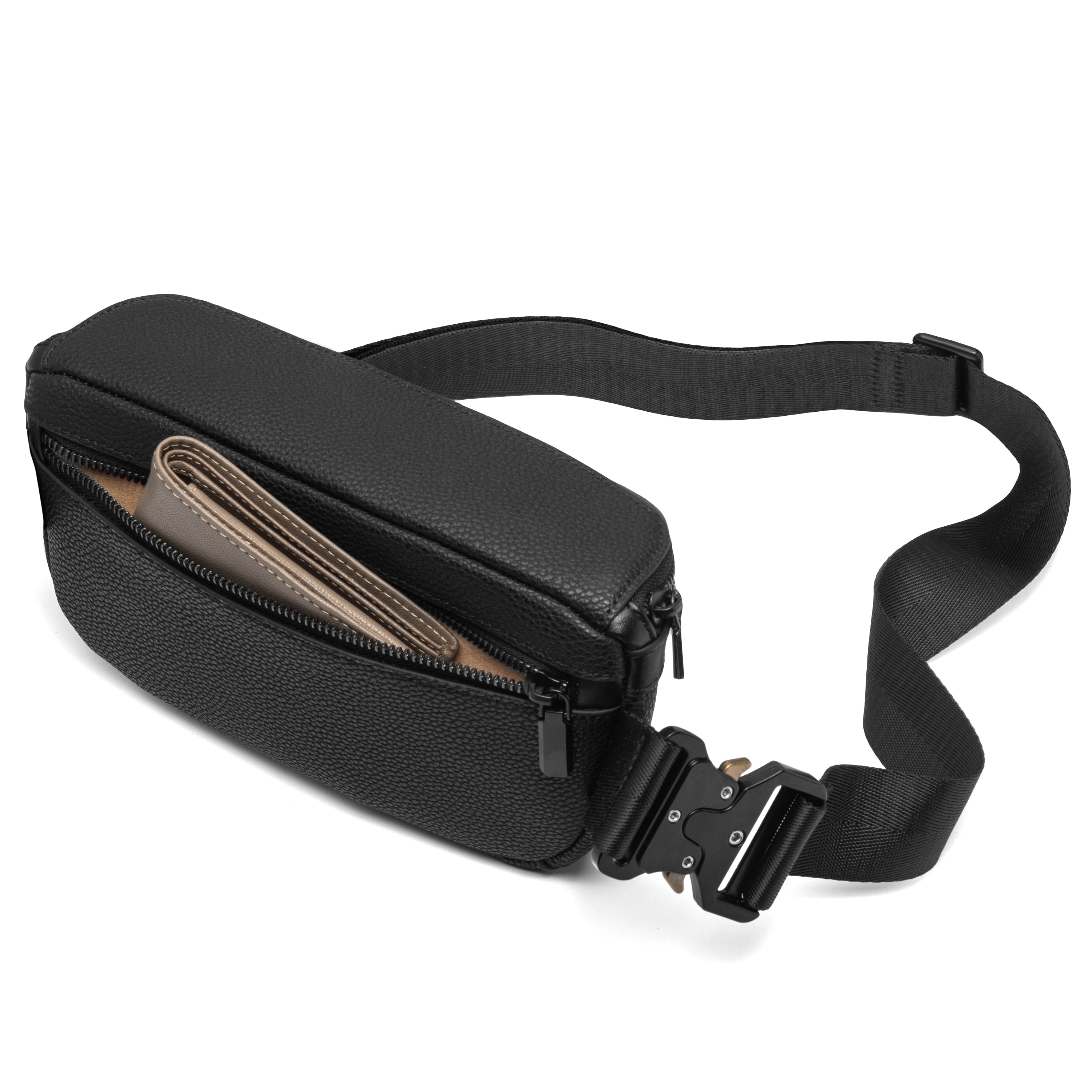 Men's sling bag with black pebble leather with a strap on a white background
