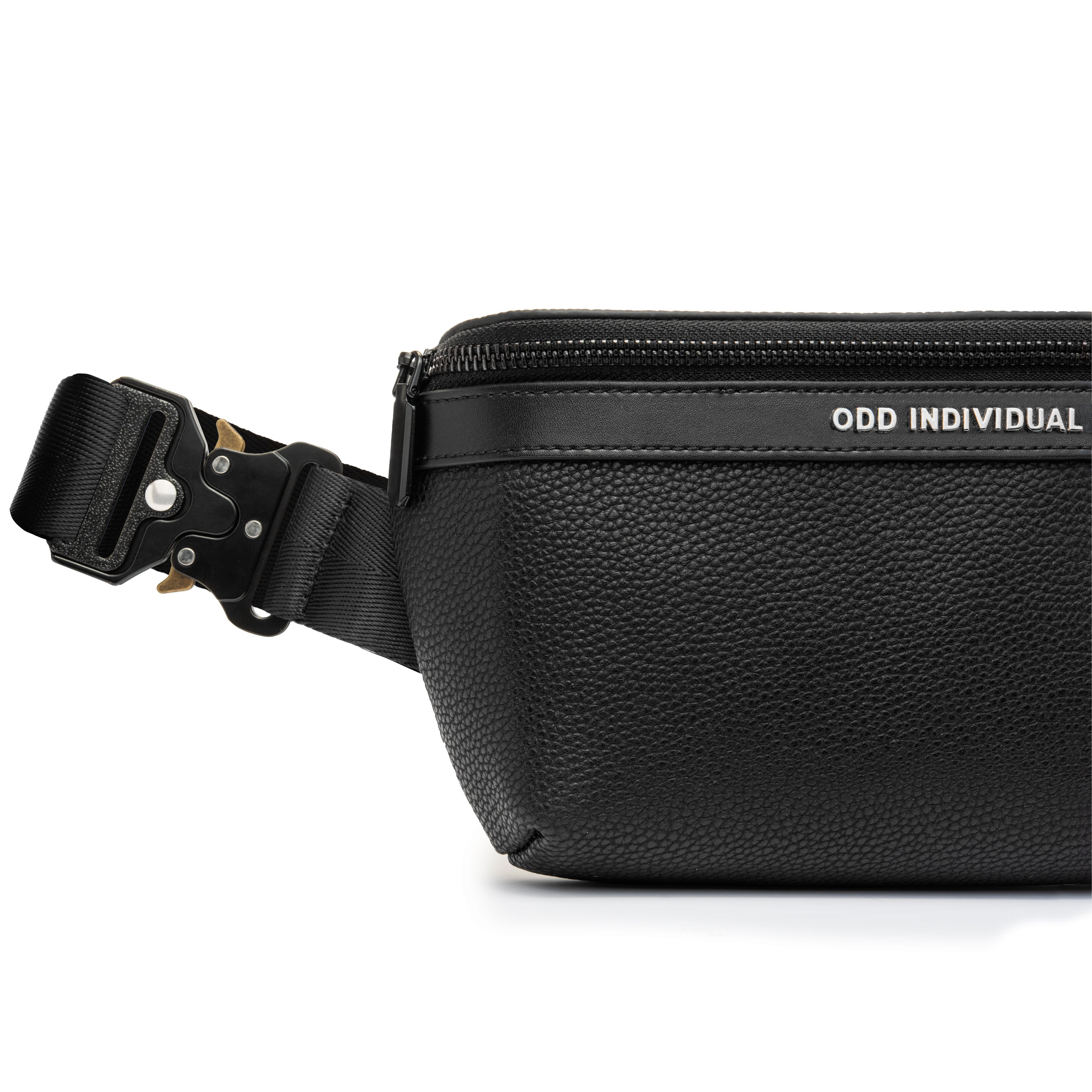Men's sling bag with black pebble leather with 'ODD INDIVIDUAL' branding on a white background