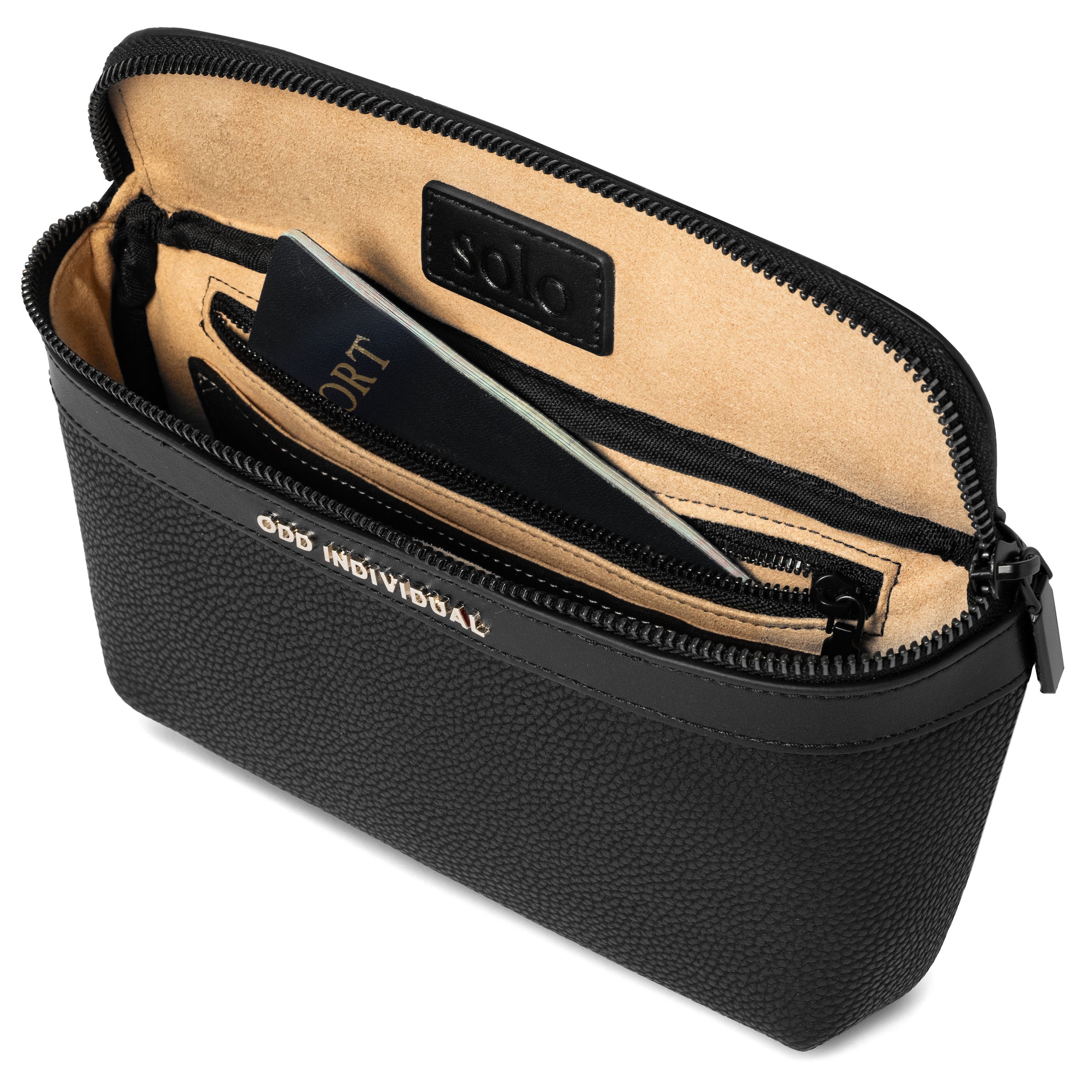 Men's sling bag with black pebble leather with beige interior with passport tucked in interior zipper pocket