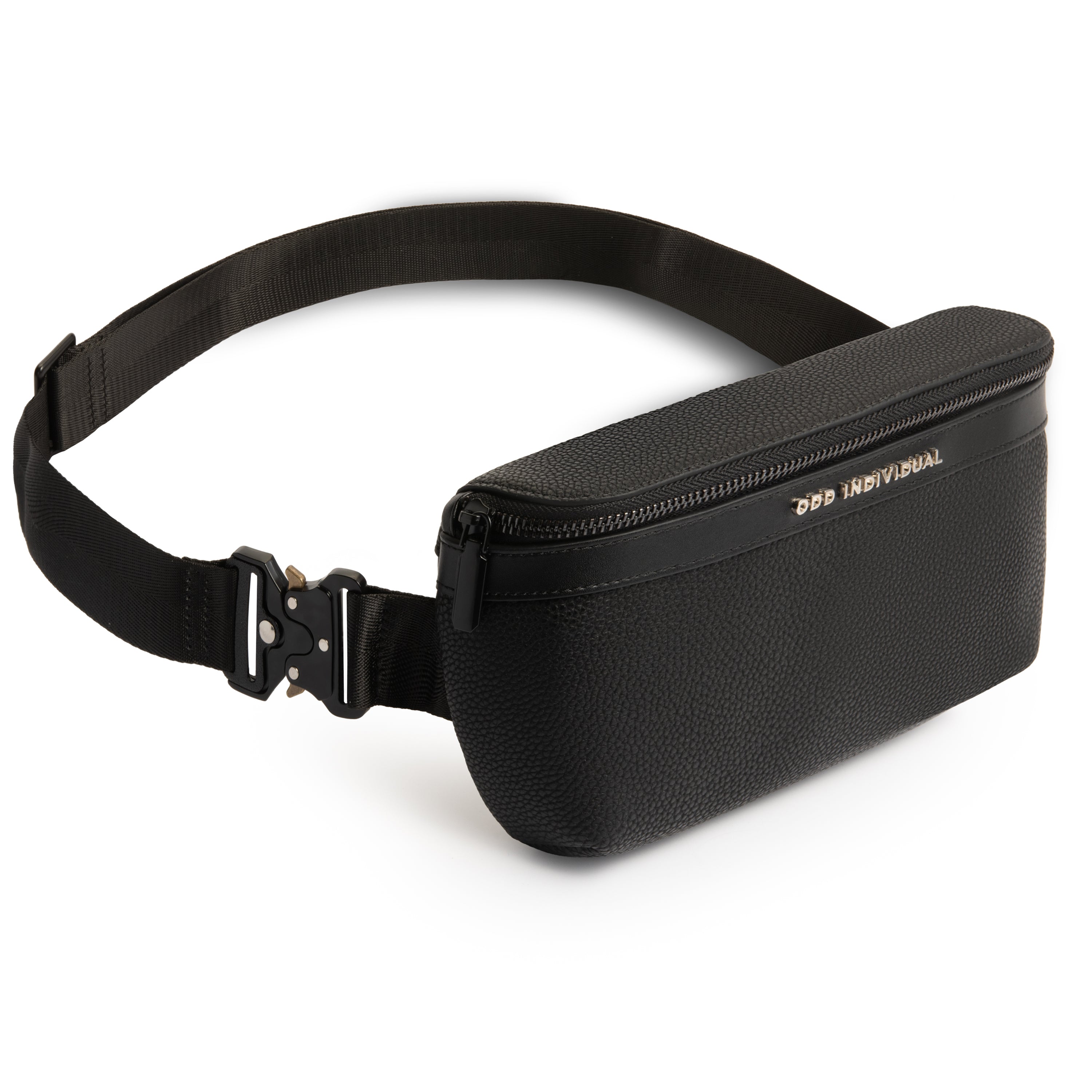 Men's sling bag with black pebble leather  with a visible brand name 'ODD INDIVIDUAL' on a white background.
