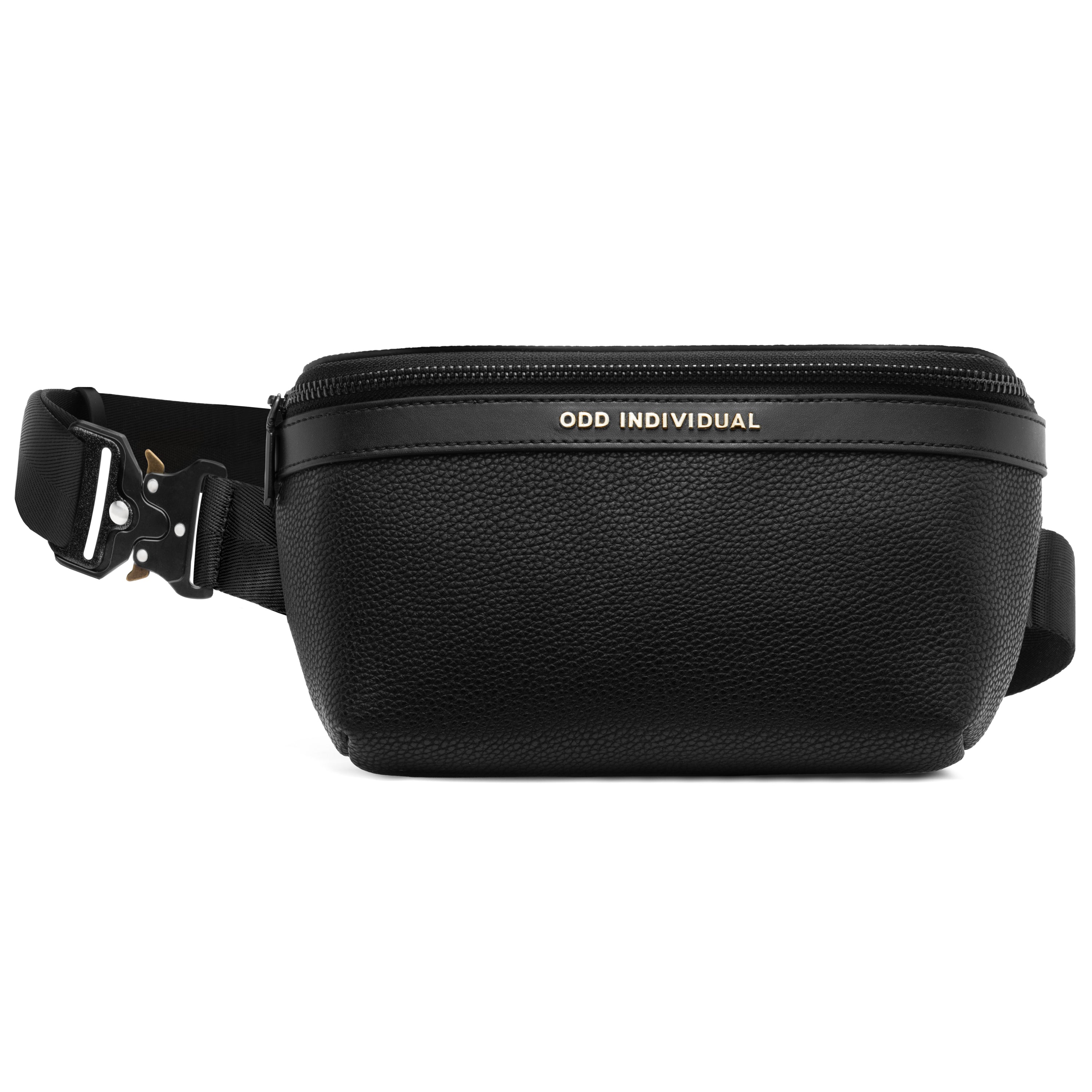 Men's sling bag with black pebble leather with 'Odd Individual' branding on a white background