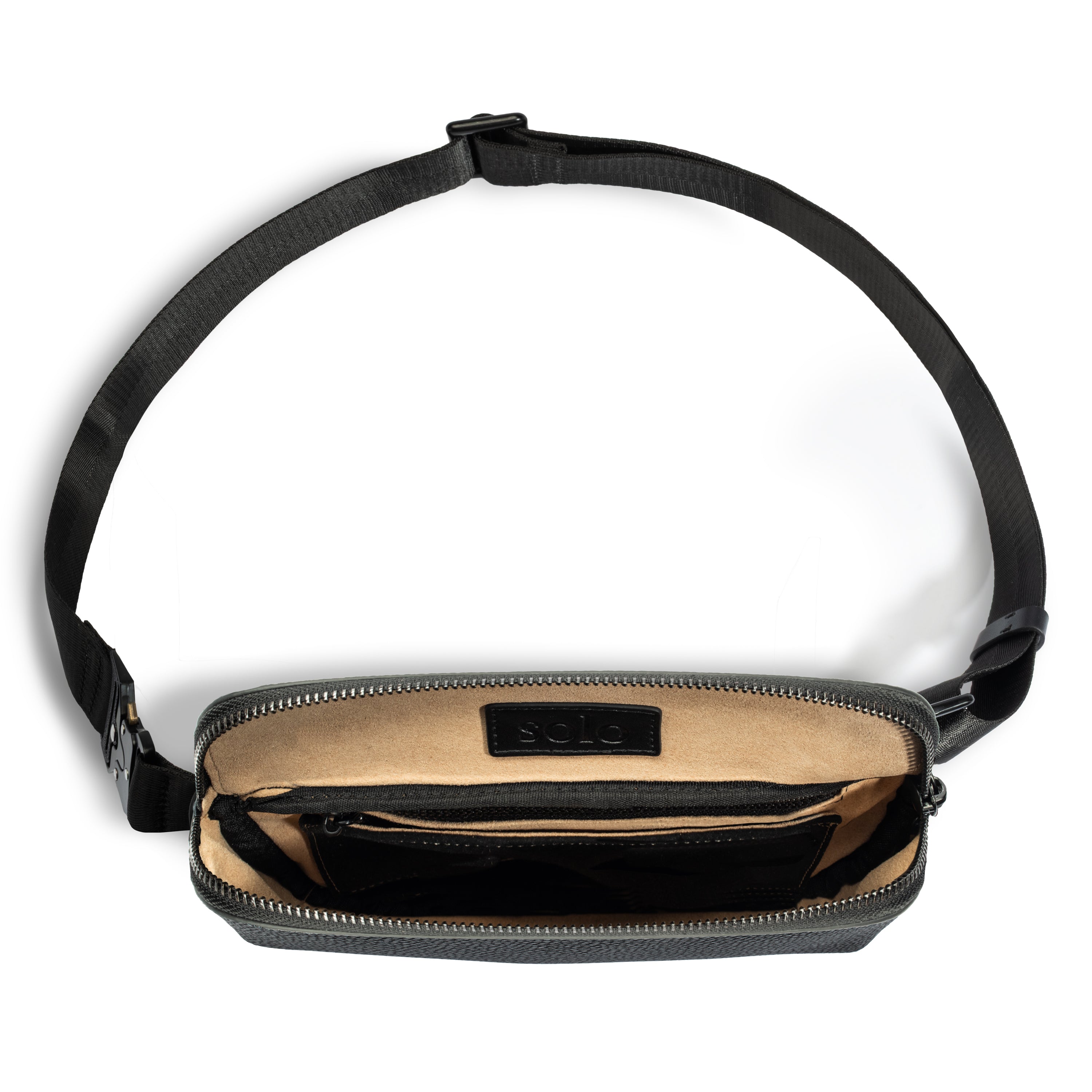 Men's sling bag with black pebble leather  with a beige interior on a white background